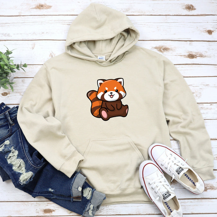 a white hoodie with a red panda on it