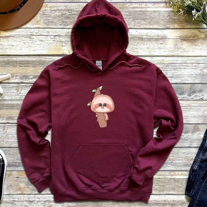 a maroon hoodie with a slotty on it