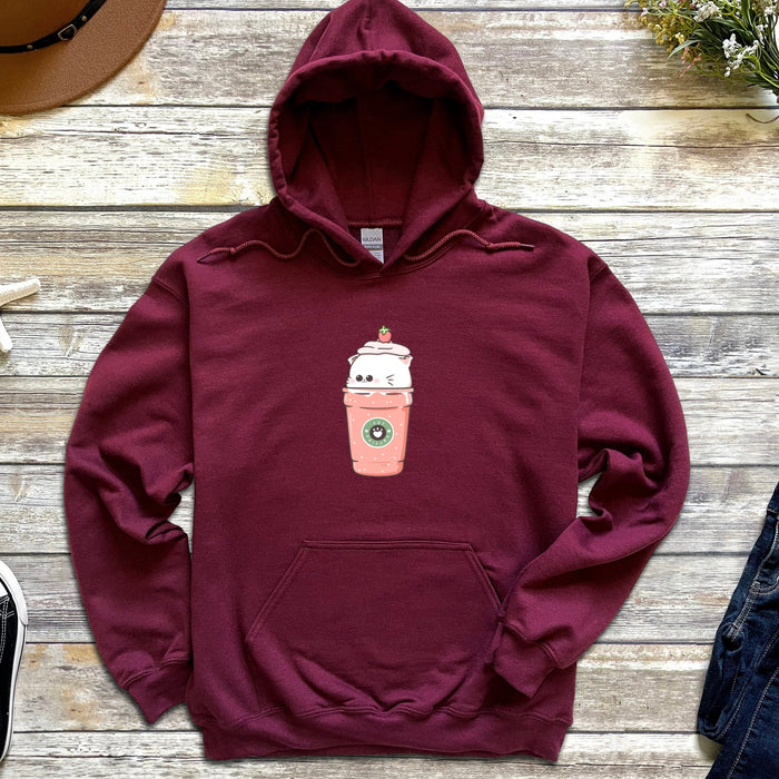 a maroon hoodie with a coffee cup on it