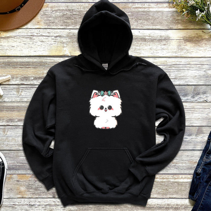 a black hoodie with a white dog on it