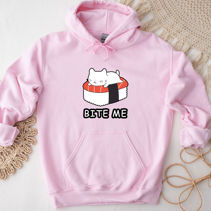 a pink sweatshirt with a sushi cat on it