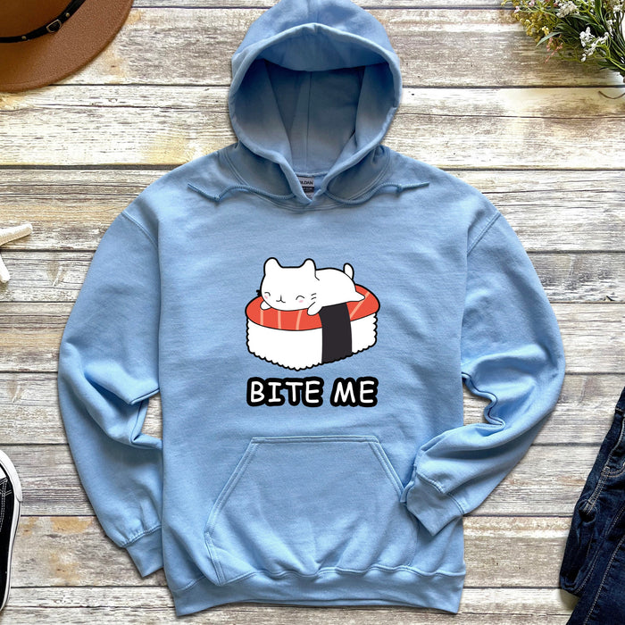 a blue sweatshirt with a sushi cat on it