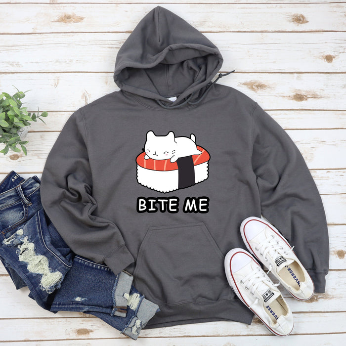 a sweatshirt with a cat and sushi on it
