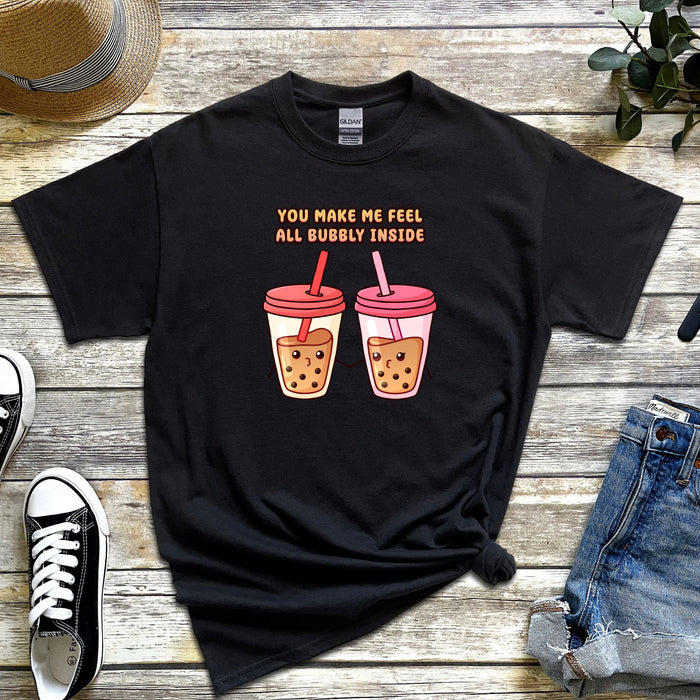 Boba Tea Couple T-Shirt | "You Make Me Feel All Bubbly Inside" Cute Holiday Gift Valentine's Day Boyfriend Girlfriend Husband Wife Matching