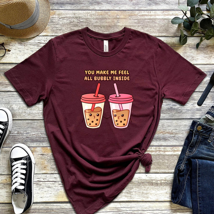 Boba Tea Couple T-Shirt | "You Make Me Feel All Bubbly Inside" Cute Holiday Gift Valentine's Day Boyfriend Girlfriend Husband Wife Matching