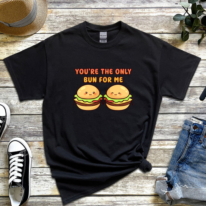 Hamburger Couple T-Shirt | "You're the Only Bun for Me" Cute Couple T-Rex Holiday Gift Valentine's Day Boyfriend Girlfriend Husband Wife