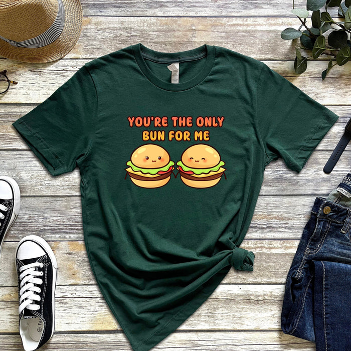 Hamburger Couple T-Shirt | "You're the Only Bun for Me" Cute Couple T-Rex Holiday Gift Valentine's Day Boyfriend Girlfriend Husband Wife