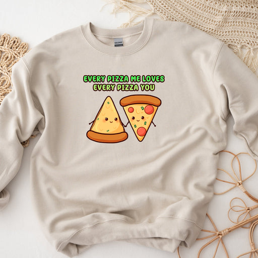 a sweatshirt with a pizza and a slice of pizza on it