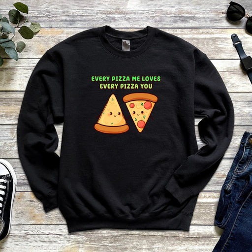 a black sweatshirt with pizza and pizza slices on it