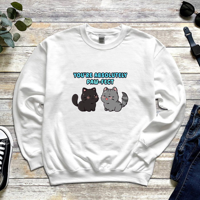 a white sweatshirt with a black cat and a gray cat saying you&#39;re absolutely