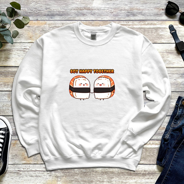 a white sweatshirt with a picture of two sushi sushi sushi sushi