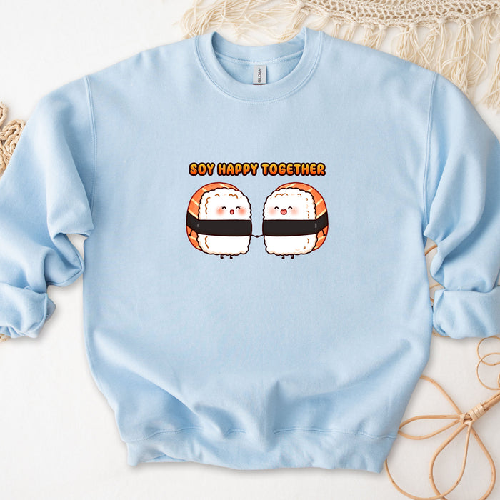 a blue sweatshirt with two sushi faces on it