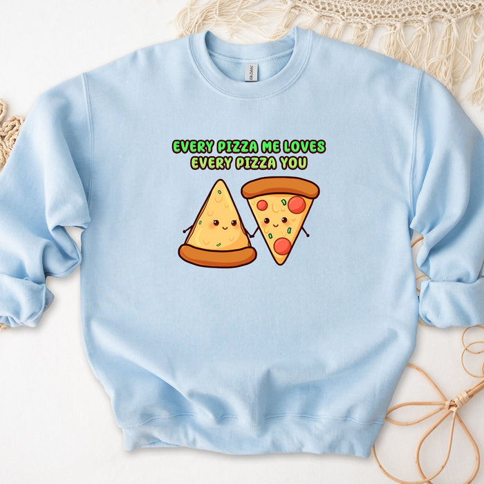 a blue sweatshirt with pizza and pizza slices on it