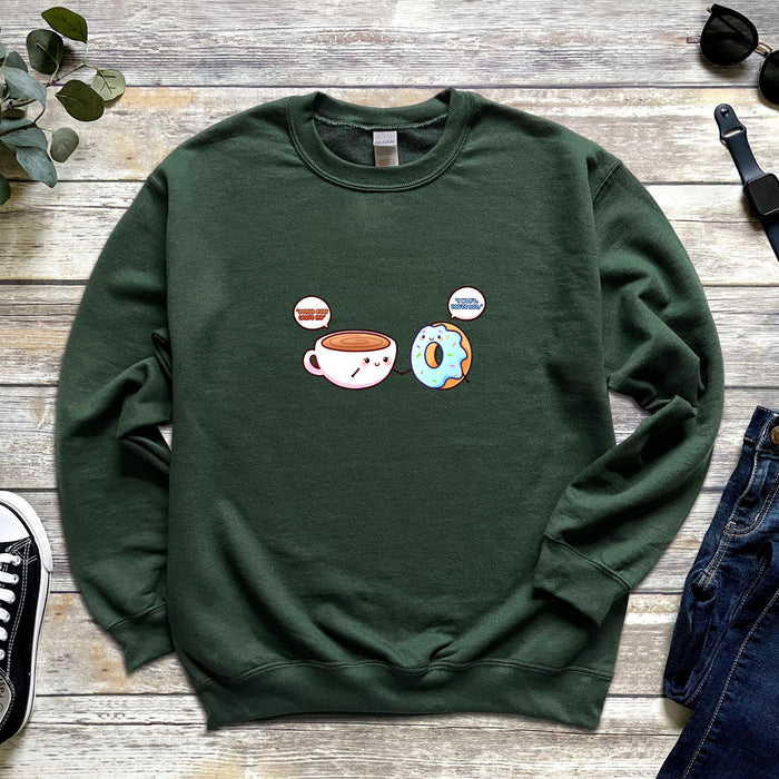 a green sweatshirt with coffee and donuts on it