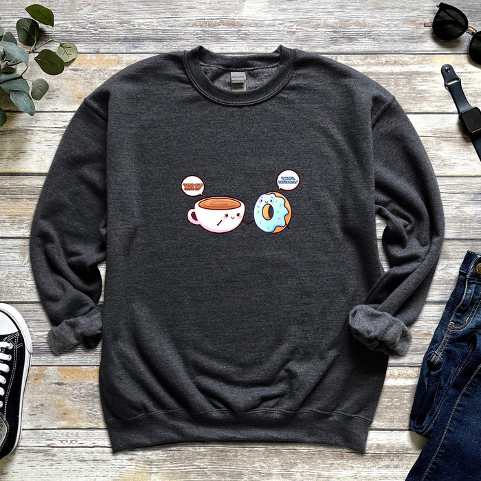 a sweatshirt with coffee and donuts on it