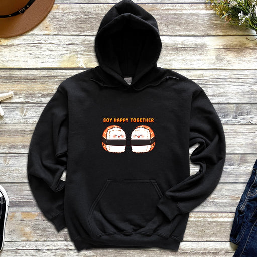 a black hoodie with a picture of two pumpkins on it