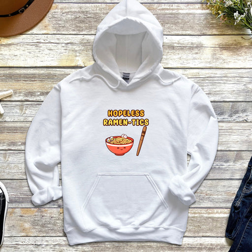 a white hoodie with a picture of a bowl of noodles on it