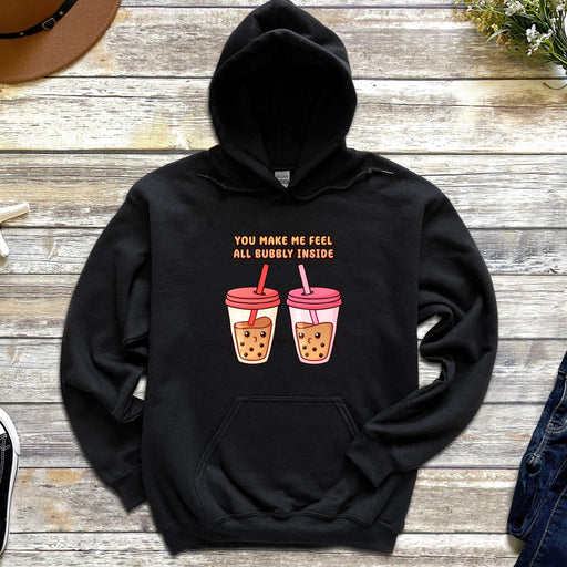 a black hoodie with two drinks on it