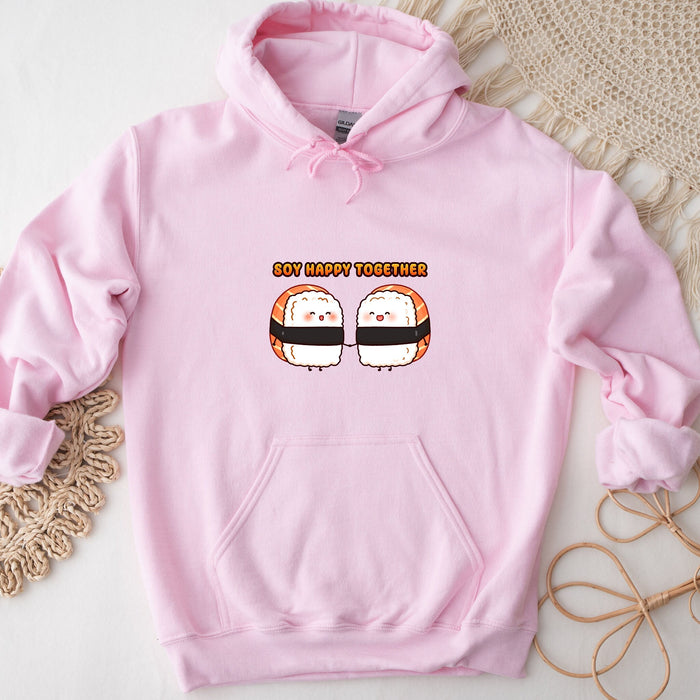 a pink hoodie with a sushi on it