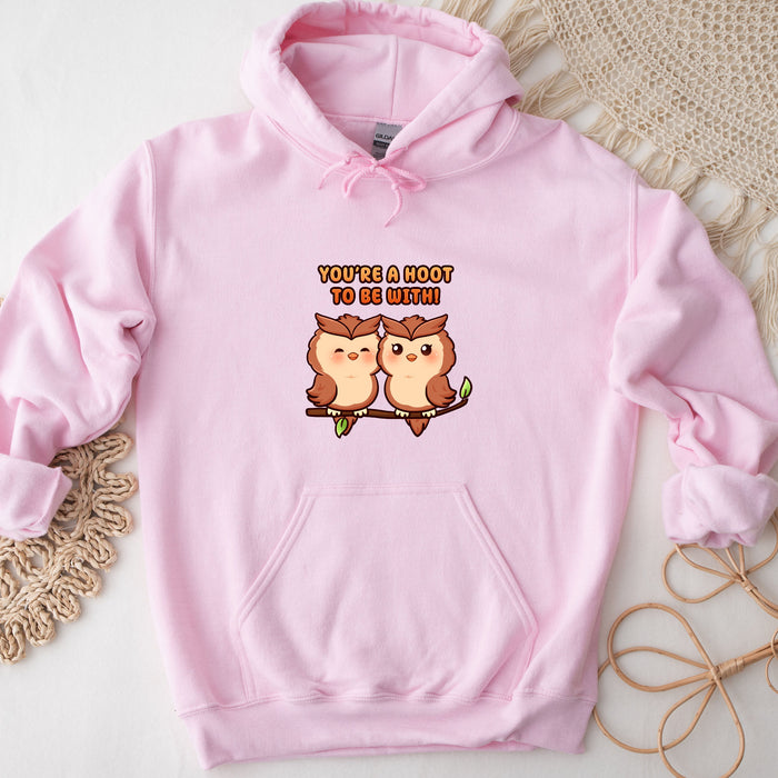 a pink hoodie with two owls on it