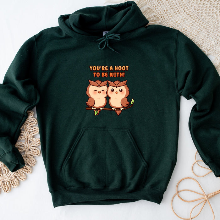 a green hoodie with two owls saying you&#39;re a hoot to be