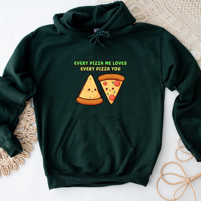 a green sweatshirt with a pizza and a slice of pizza on it