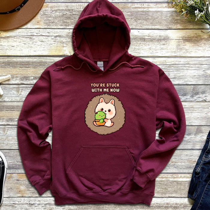 a maroon hoodie with an image of a hedge on it