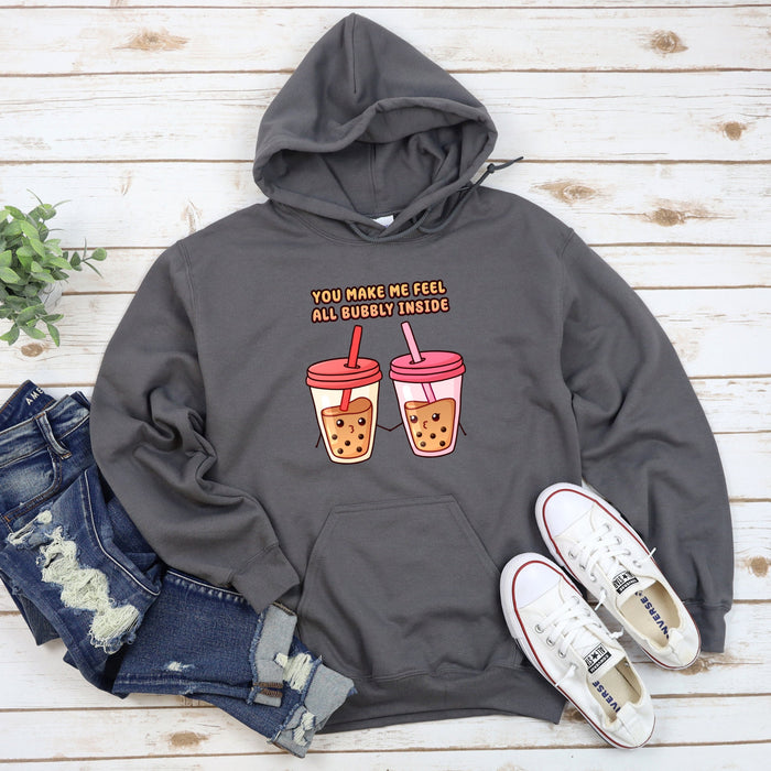a gray hoodie with two drinks on it