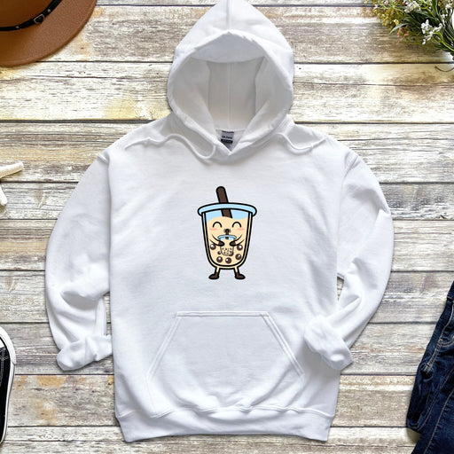 a white hoodie with a picture of a drink on it