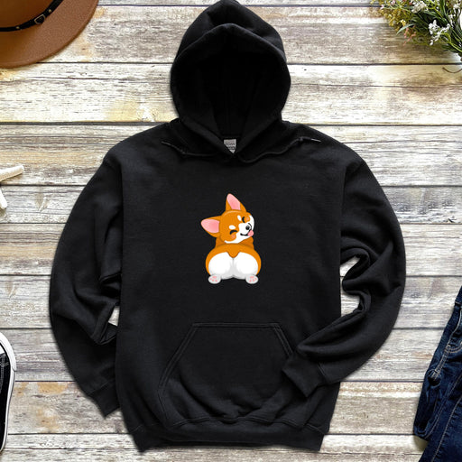 a black hoodie with a cartoon dog on it