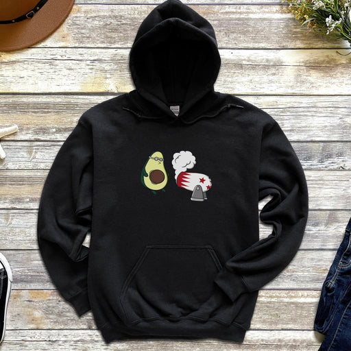 a black hoodie with an avocado and mushroom on it