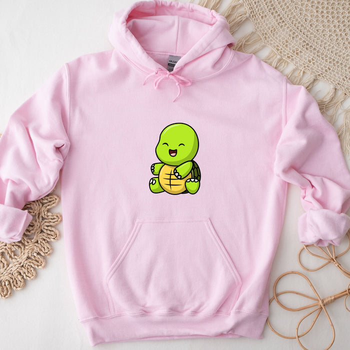 a pink hoodie with a cartoon turtle on it