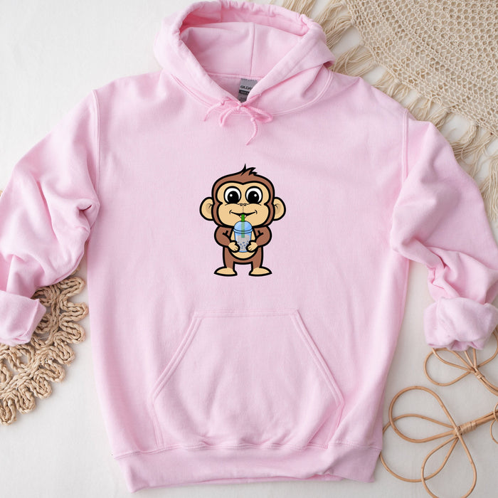 a pink hoodie with a cartoon monkey on it