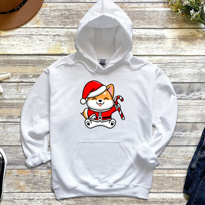 a white hoodie with a cat wearing a santa hat and holding a candy cane