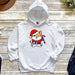 a white hoodie with a cat wearing a santa hat and holding a candy cane