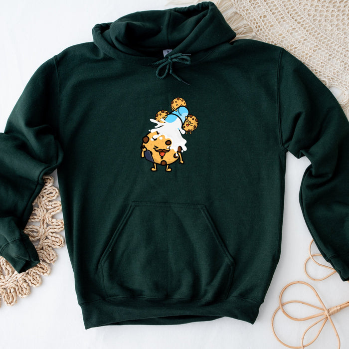 a green hoodie with a cartoon character on it