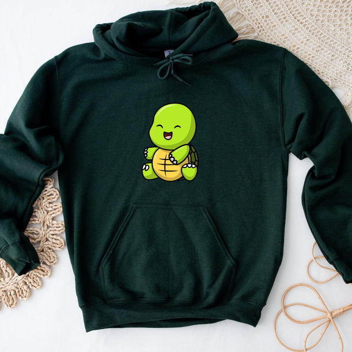 a green hoodie with an image of a turtle on it