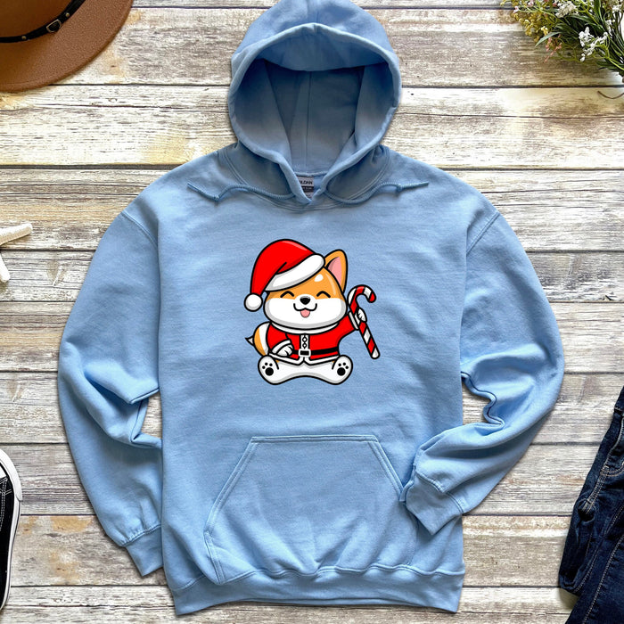 a blue hoodie with a dog wearing a santa hat