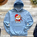 a blue hoodie with a dog wearing a santa hat