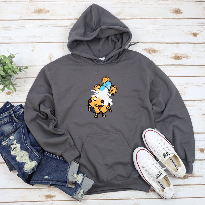 a gray hoodie with a cartoon character on it