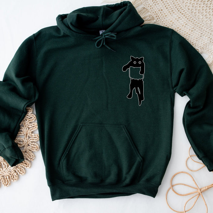 a green hoodie with a black cat on it