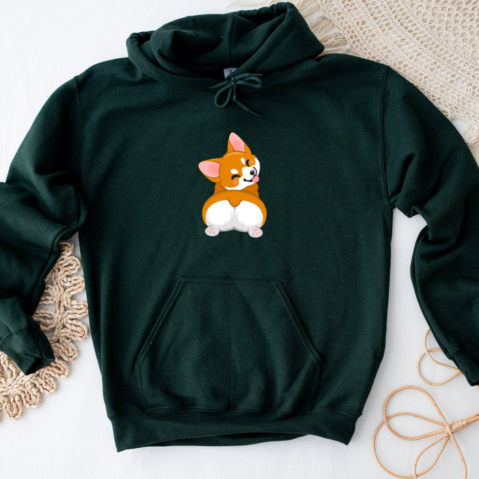 a green hoodie with a corgi on it