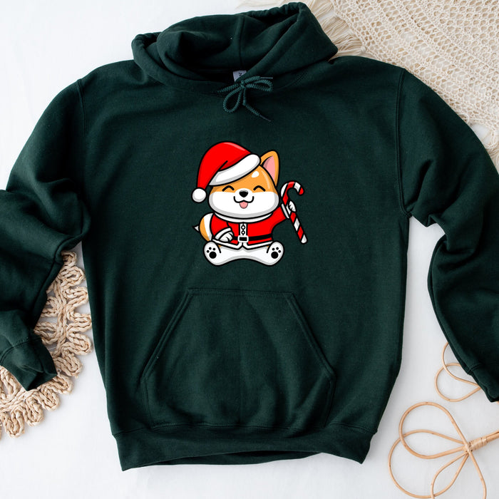 a green hoodie with a dog wearing a santa hat and holding a candy cane