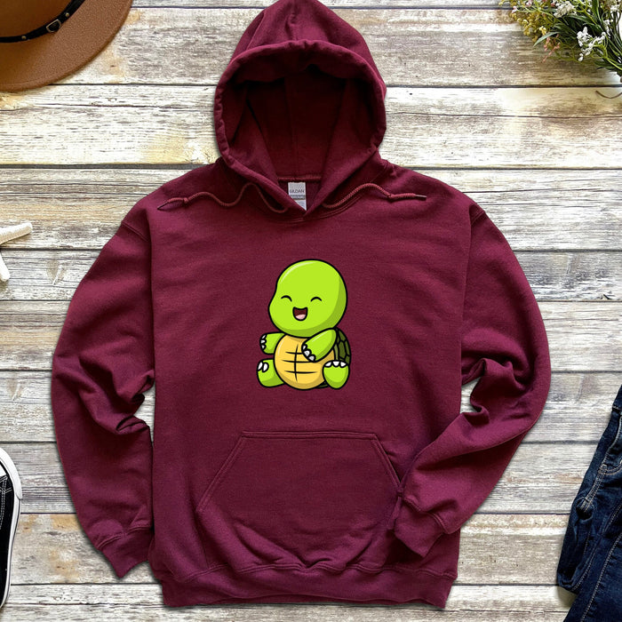 a red hoodie with a cartoon turtle on it
