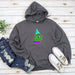 a hoodie with a picture of a frog wearing a party hat