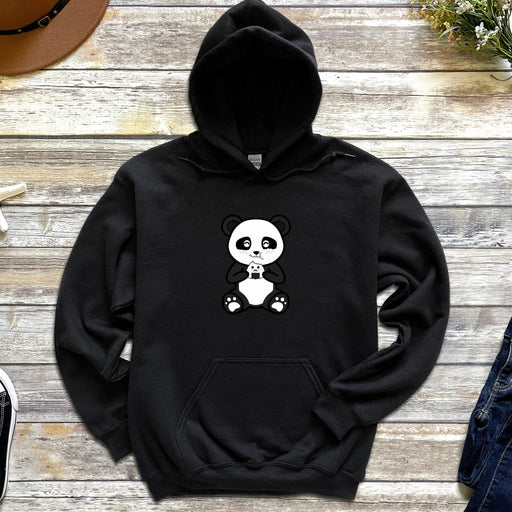 a red hoodie with a panda bear on it
