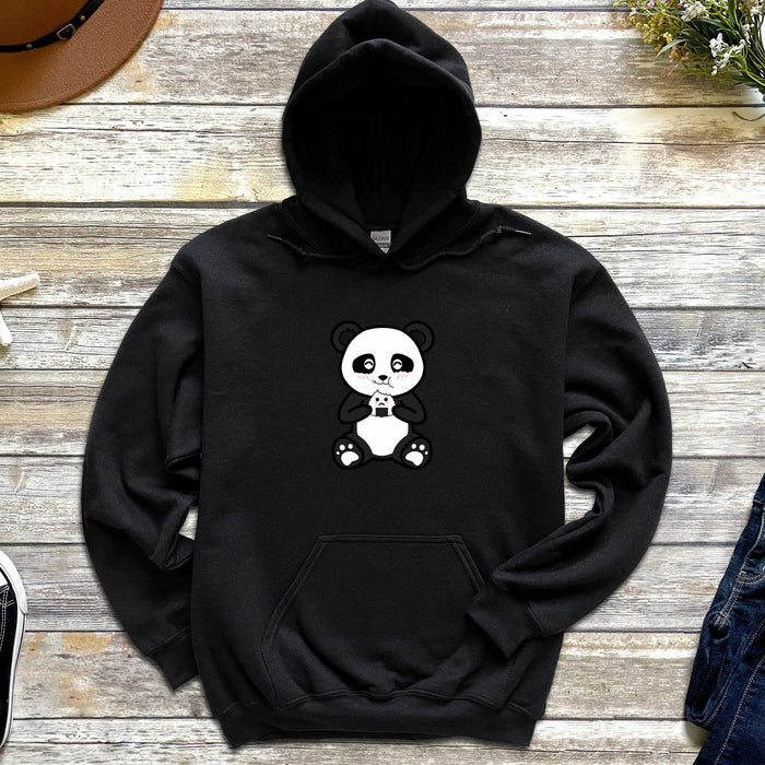 a red hoodie with a panda bear on it