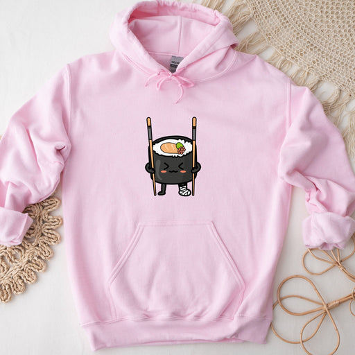 a pink hoodie with a sushi on it
