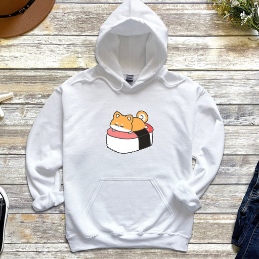 a white hoodie with a sushi character on it