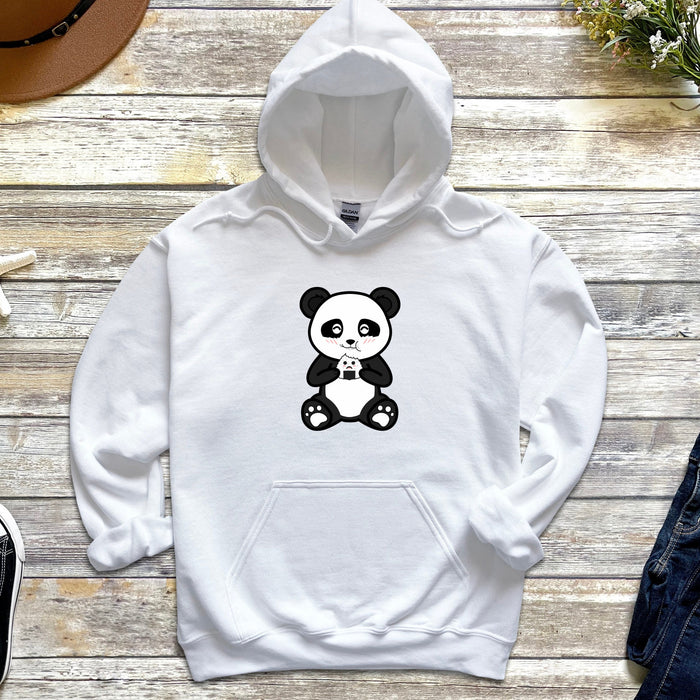 a white hoodie with a panda bear on it